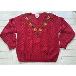Melbourne Hand Knit Cozy Cottagecore V Neck Cable Knit VTG Sweater Leaf Harvest